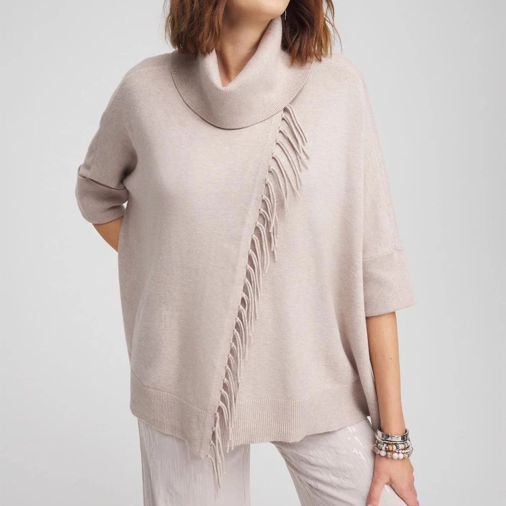 Cowl Neck Fringe Cashmere Blend Poncho